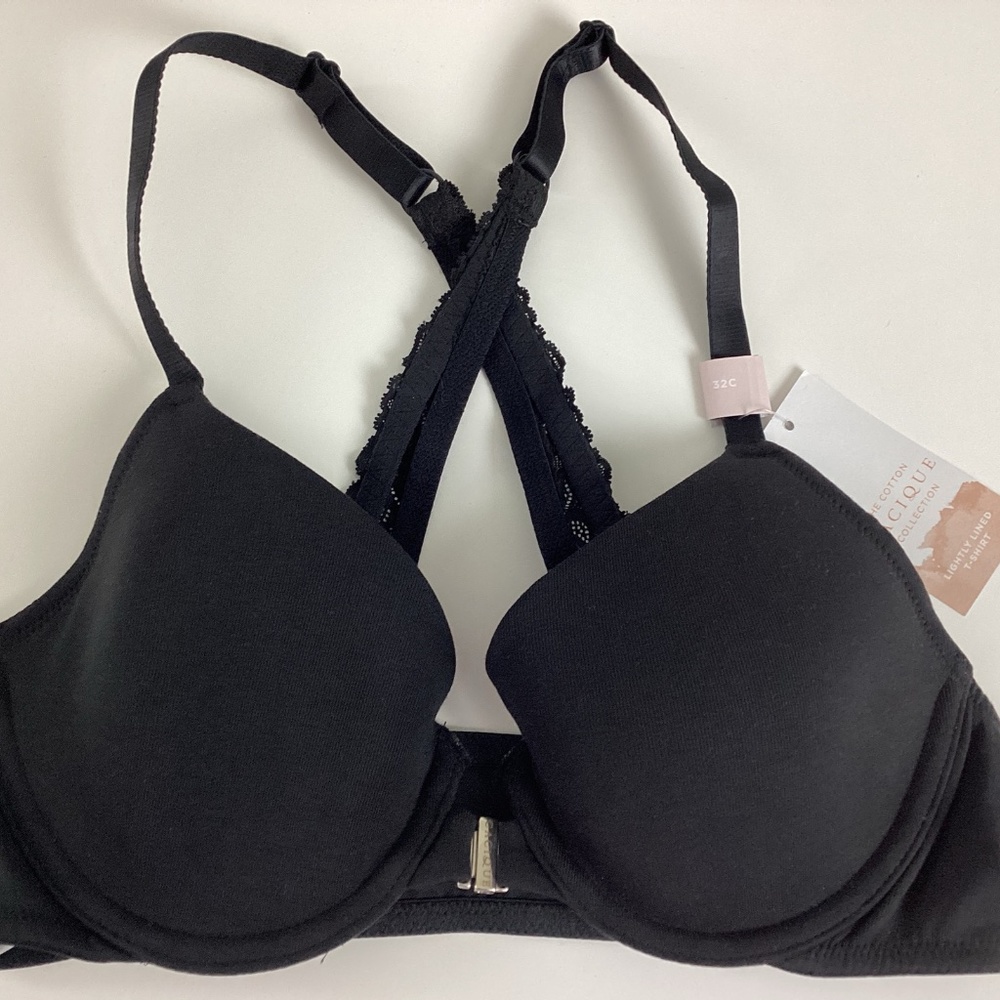 Cacique Lightly Lined Front Close Wire Cotton T-Shirt Bra Lace Back Size 32C NWT
